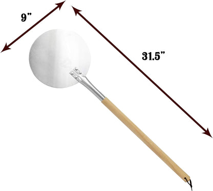 Pizza Turning Peel PRO - 9" Diameter- 31.5" Detachable Wooden Handle with Leather Strap, Premium Hard Aluminum, Perfect for Professional & Home Use, Ideal Bakeware, Oven Accessory