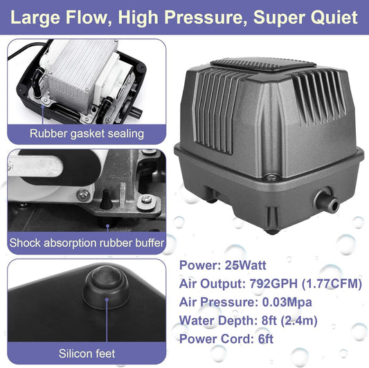 AquaMiracle Koi Pond Aerator Pond Air Pump with Self-Sinking Airline Rubber Air Diffuser, Air Flow Control Pond Deicer All-in-One Pond Aeration Kit for Outdoor Pond 10,000-15,000 Gallons