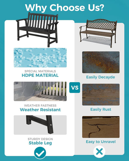 Outdoor Bench, 2-Person HDPE Garden Bench, All Weather Poly Patio Bench for Outdoors, Garden, Backyard, Porch and Park, 550 lbs Weight Capacity, Black, 2 Pack