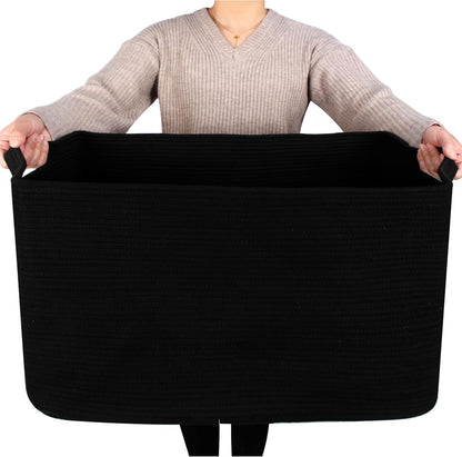 MINTWOOD Design 22in Extra Large Blanket Basket Holder Living Room, Rectangle Rope Woven Storage Basket with Handles for Laundry, Pool Towels, and Shoes, Dog Toy Organizer Bin Box, Full Black