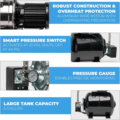 XtremepowerUS 1.6HP Shallow Well Pump with Pressure Tank, 1320GPH, 115V, Pressure Switch, Automatic Water Booster Jet Pump for Home, Garden, Lawn
