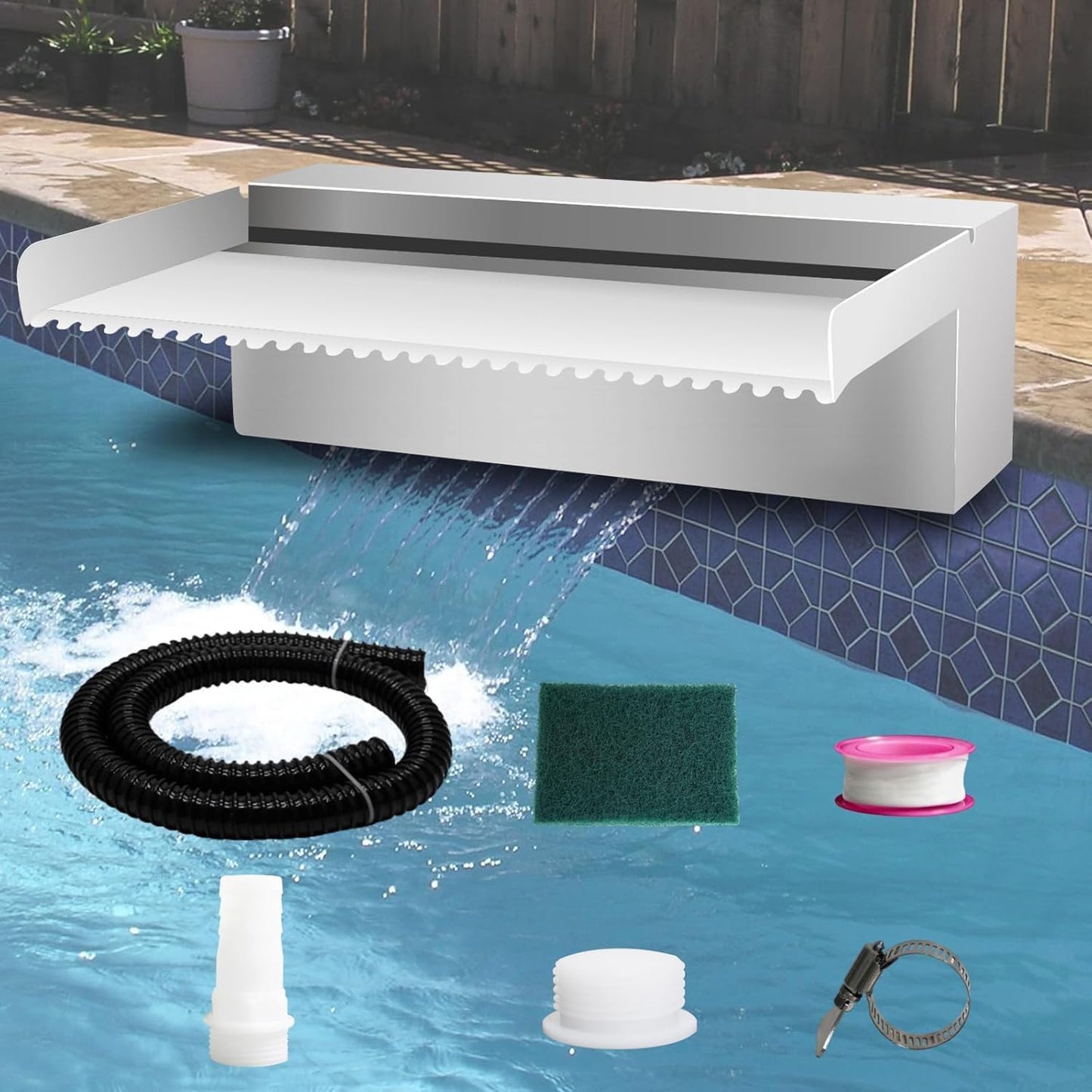 Pool Fountain Stainless Steel Pond Waterfall Spillway Kits for Indoor/Outdoor Decorative, 12 Inches Pool Water Feature for Garden Patio, Backyard Koi Pond Decor(No LED Light)