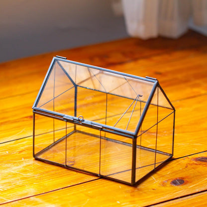 NCYP Mini Glass Terrarium with Lid - 6.1" x 4.25" x 4.92" House Shape Closed Planter Pot for Small Cactus, Succulents Plant - Home Garden Office Tabletop Geometric Decor, Black (Terrarium Only)