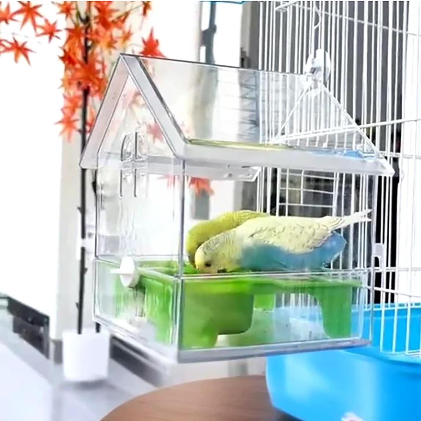 Ziveseller/Sowhathow Pull-Out External Parrot Feeder, Parrot Feeder Parakeet House Bird Bath Transparent Dish Water, Hanging Wild Bird Seed with Squirrel Proof Tray (Green*2)