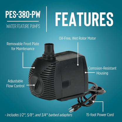Little Giant PES-380-PW 115-Volt, 380 GPH Magnetic Drive Pump for Fountains and Small Ponds with 15-Ft. Cord, Black, 566718