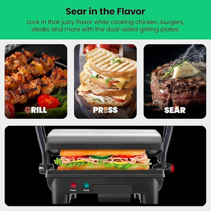 Chefman Electric Panini Press Grill, Compact 2-Slice Sandwich Maker, Non-Stick Coated Plates, Opens 180 Degrees, Dishwasher Safe, Removable Drip Tray, Stainless Steel/Black