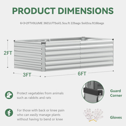 FOOWIN 2pcs 6x3x2ft Galvanized Raised Garden Bed, Planter Raised Garden Boxes Outdoor, Large Metal Raised Beds for Gardening, Garden Bed for Vegetables, Flowers, Herb,269 Gallon Capacity, Silver