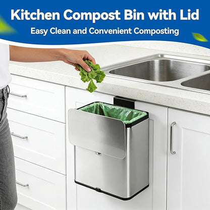 Compost Bin Kitchen, 2.1 Gallon Stainless Steel Trash Can with Lid for Countertop or Under Sink, Hanging Small Trash Bin, Removable Inner Bucket, Built-in Filter, 60 Compostable Garbage Bags