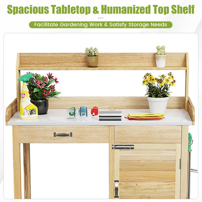 S AFSTAR Outdoor Potting Bench Table, Wooden Garden Work Station with Drawer, Storage Cabinet, Open Shelf, Side Hooks, Metal Tabletop Gardening Workbench, Potting Benches for Outside Backyard Balcony