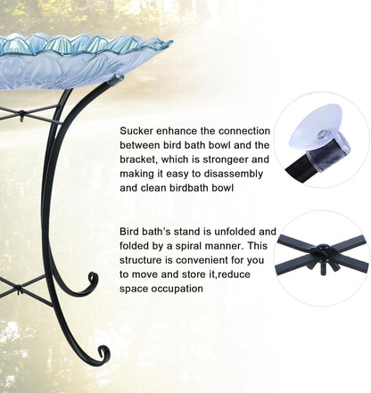MUMTOP Outdoor Glass Birdbath with Metal Stand for Outside Yard Garden Decor, 18 inch Diameter Blue Bird Baths Bowl for Outdoors, 21 inch Height
