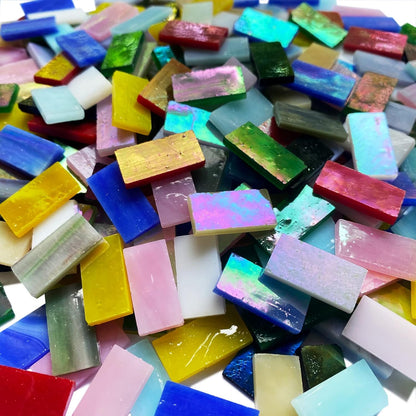 Rectangle Iridescent Glass Mosaic Tiles, 320 Pieces Colorful Stained Glass Supplies for Crafts, Rainbow Mosaic Glass Pieces for Adults