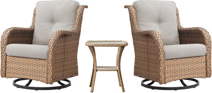 Outdoor Swivel Rocker Patio Chairs - 360 Degree Swivel Glider Seating 350LBS Weight Capacity 3 Piece Wicker Rocking Chairs Set with Side Table for Porch Balcony Deck, Yellow/Beige