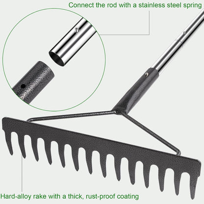 Sturdy Garden Rakes for Leaves: Metal Rake Heavy Duty Tool for Quick Clean Up of Lawn and Yard, 38’’--63’’ Adjustable Long Handle and 14Tines
