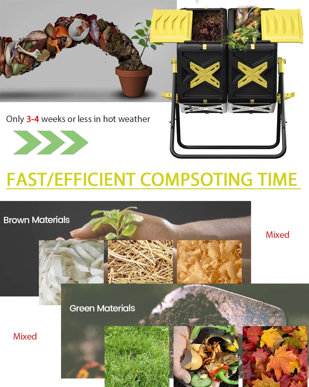 Compost Bin Outdoor - 2 X 18.5 Gal Dual Chamber Compost Tumbler,BPA Free Outdoor Rotating Composter with Easy-Turn, Fast-Working System