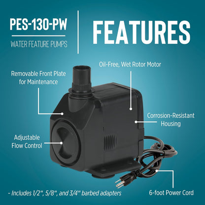 Little Giant PES-130-PW 115-Volt, 130 GPH Magnetic Drive Fountain/Pond Pump with 6-Ft. Cord, Black, 566716