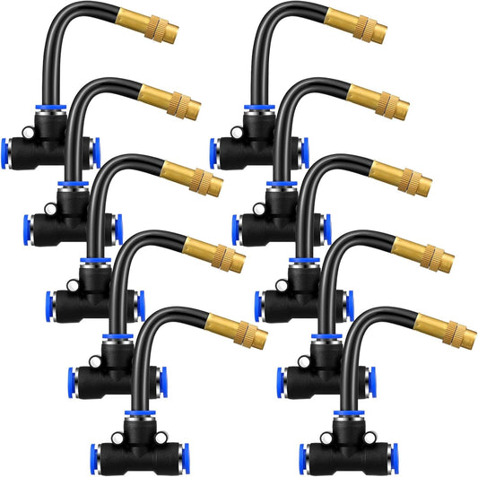 Zonon 10 Pcs Brass Misting Nozzles Tee with 4 Inch Built in Hose 360 Degree Rotation Adjustable Water Mister Nozzles Thread Sprayer 0.043" Misting Parts and Accessories for Patio Outdoor Cooling
