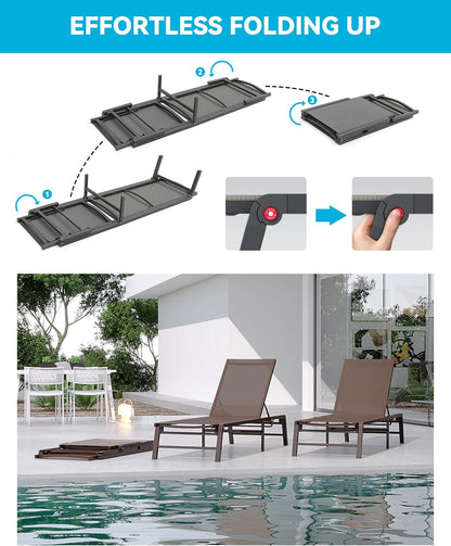 Aluminum Chaise Lounge Chair Outdoor, Foldable Patio Lounge Chair Assemble-Free, Pool Lounge Chairs with 5 Adjustable Backrest, Outdoor Lounge Chairs for Outside Poolside Beach Lawn Brown