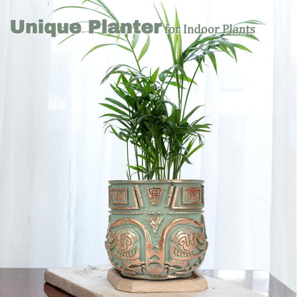 Tribal Vintage Face Planter,Lightweight Unique Plant Pots with Drainage,Eclectic Small Succulent Flower Planters Pots for Outdoor&Indoor Plants,Funny Garden Pot for Room Decor(5.5in,Green)