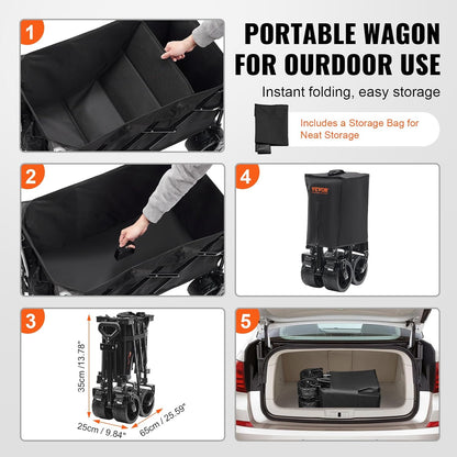 VEVOR 220L/350lbs Collapsible Folding Wagon, Heavy Duty Beach Cart Foldable with Big Wheels, Outdoor Utility Wagon All Terrain Wagon for Groceries Camping