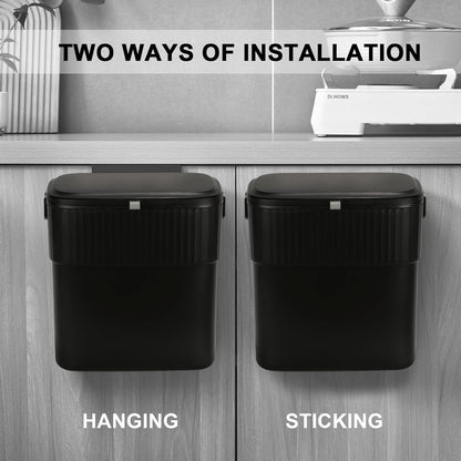ELPHECO Hanging Trash Can with Lid 2.5 Gallon Kitchen Compost Bin for Under Sink, Plastic Wall-Mounted Garbage Can, Small Kitchen Trash Bin, Small Trash Can with Lid for Office, Bathroom, Black