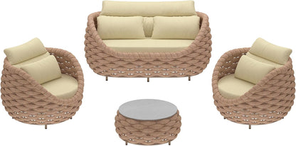 5 Pieces Patio Furniture Set, Outdoor Rope Conversation Sectional Patio Sofa with 5 Seater for Backyard, Porch, Modern Armchairs with Thickness Cushions and Side Table, Light Brown