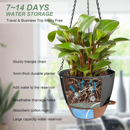 Hanging Planters for Indoor Outdoor Plants, 2 Pack Self Watering Hanging Pot with Drainage Holes & Removable Tray (Black, 10'')