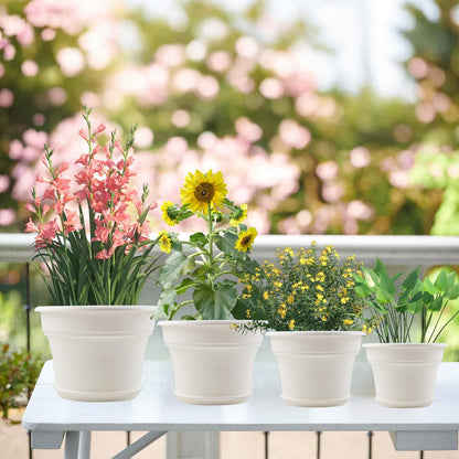 16 inch Plastic-Flower-Pot-for-Indoor-Plants, 4 Pack Large Outdoor Planter Pot with Drainage Holes & Saucers, Resin Decorative Garden Pots Planters
