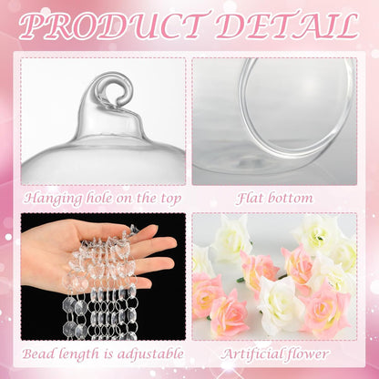 12 Sets Hanging Glass Candle Holder Wedding Glass Globe with Acrylic Gems Bead Garland Tea Light Holder Orbs Container for Flower Plants Micro Landscape DIY Xmas Tree Party Decoration 2.36 Inch