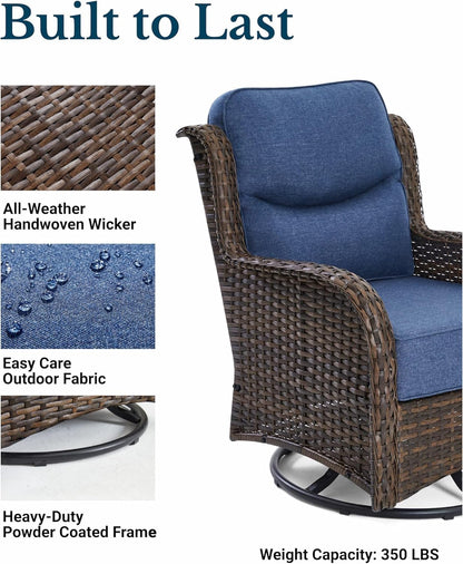 HILLGA Luxury Patio Furniture Set with 6-inch Thick Cushion, Outdoor High Back Swivel Rocker Patio Chairs, 3PCS Wicker Conversation Set for Deck Yard and Poolside, Blue (V2)
