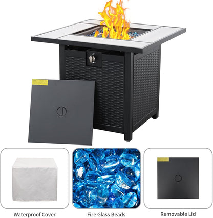 30 Inch Fire Tables 50000 BTU Outdoor Fire Pits for Outside Steel Gas Fire Table with Fire Pit Lid Wooden Marble Tabletop and Waterproof Cover