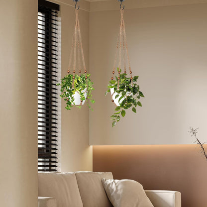 Jute Macrame Plant Hanger Indoor Set of 2 Hanging Planter Basket Flower Pot Holder with Decorative Wood Beads & No Tassels for Indoor Outdoor Boho Home Decor, 35 Inch Brown (Pots Not Included)