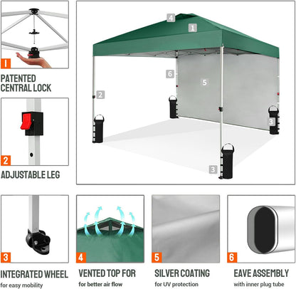 CROWN SHADES 10x10 Pop Up Canopy with 1 Side Wall - Beach Tent with One Push Setup - Outdoor Sun Shade for Events, Parties, Camping - Gazebo with STO-N-Go Cover Bag (Forest Green)