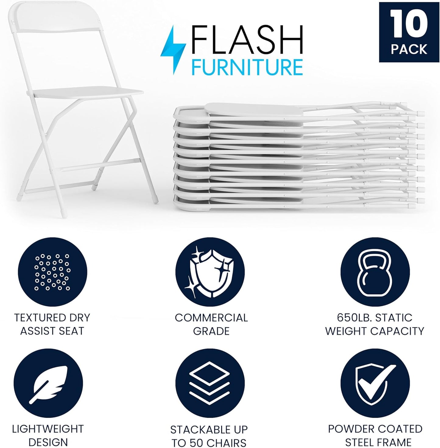 Flash Furniture Hercules Set of 10 Indoor/Outdoor Heavy-Duty Plastic Folding Chairs, Foldable Commercial Stacking Chairs with 650-lb. Static Weight Capacity, White