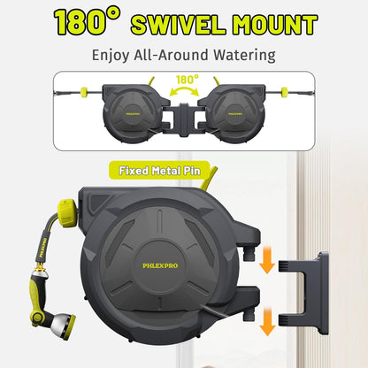 Retractable Garden Hose Reel 160Ft Extra Long, PHLEX PRO Heavy Duty Automatic Water Hose Reel Wall Mounted with 10 Pattern Nozzle, Any Length Lock, Slow Return System, 180°Swivel Bracket