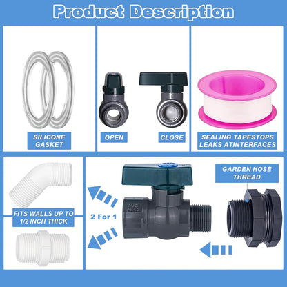 PVC Rain Barrel 45° Elbow, 3/4" Rain Barrel Valve with Bulkhead Connector and Hose Adapter, Garden Faucet Kit for Water Tanks, Aquariums, Bathtubs, Pools, Garden Buckets