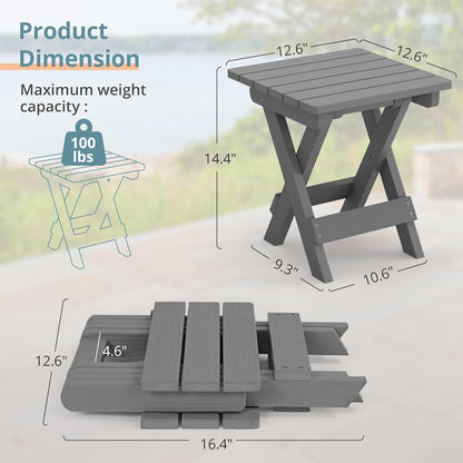 LUE BONA Small Outdoor Folding Side Table, HDPS Outside End Table for Patio, Porch, Deck, Pool, 14 Inch Height, Netural Grey