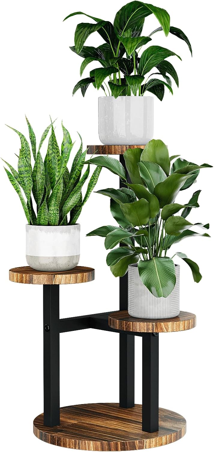 Bamworld 3 Tier Plant Stand Indoor, Tall Metal Wood Plant Shelf Outdoor,Small Flower Pot Holder Table Rack Garden Accessories for Corner Living Room Balcony Patio