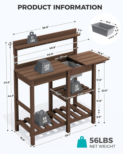 SERWALL Potting Bench Outdoor Potting Table with Sink, HDPE Potting Benches for Outside Gardening Table All Weather Use- Coffee