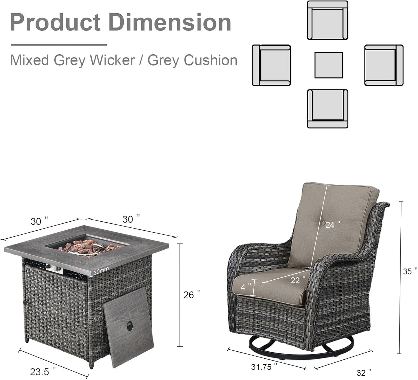 5 Pieces Patio Wicker Furniture Set - 4 Outdoor Swivel Rocker Glider Chairs with 50000BTU Propane Fire Pit Table, Warm Patio Conversation Set Blue Cushion Perfect for Casual Gathering