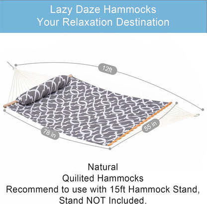 Lazy Daze Hammocks 12FT Quilted Fabric Hammock with Pillow, Double 2 Person Hammock with Spreader Bar for Outdoor Outside Patio Garden Yard HMQF-001GF