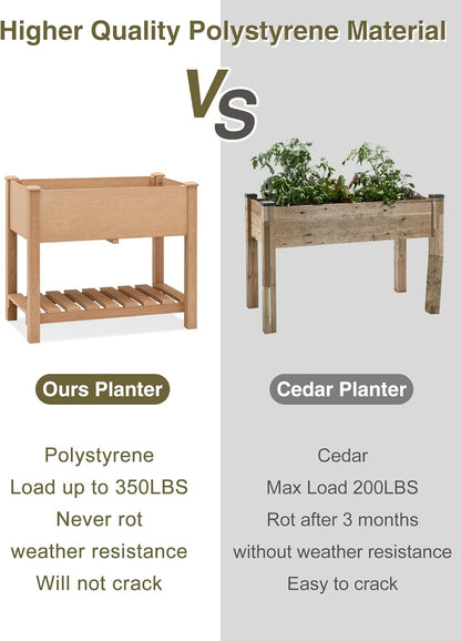 Psilvam Planter Box Raised Garden Bed, Poly Lumber Raised Garden Beds Outdoor with Storage Racks and Tarps, Superior to Cedar Elevated Garden Bed, for Balcony and Porch, 350 lbs Load (Teak Color)