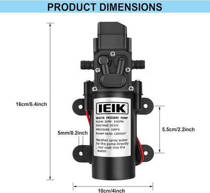 12 Volt Diaphragm Pump 3LPM 0.8 GPM 100PSI Self Priming Sprayer Pump 12V DC Fresh Water Pump Water Pressure Switch for RV Camper Marine Boat Lawn (30W)