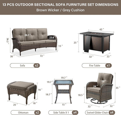 Grand 13 Pieces Outdoor Patio Furniture Set with 4 Swivel Glider Chairs and 50000 BTU Propane Fire Pit Table, Patio Conversation Set with Sofa and Wicker Side Table for Big Garden Backyard