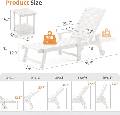 LUE BONA Chaise Lounge Chair with Table, 2-Piece, 79'' Oversized HDPS Chaise Lounger, 5 Positions Adjustable Lounge Chairs, Pool Lounge Chair with Wheels for Poolside, Backyard, 3 Year Warranty, White