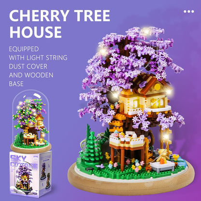 DIY Flower Building Toy Sets Miniature Cherry Blossom Tree House Building Kit, Purple & Yellow Sakura Flowers, Building Blocks Set for Adults & Girls - Bonsai Tree Model with Dust Cover