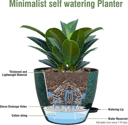 12 inch Large Self Watering Pots for Indoor Outdoor Plants, Flower Plant Pots with Mesh Drainage Holes for Garden House Plants, Plastic Planters for Home Plants, Black with Green Speckles