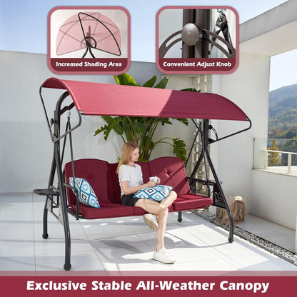 800LBS Patio Swing with Canopy 3 Seat Outdoor Porch Swing with Stand w/Cup Holder & Pillow Glider Chair Swing Bed for Patio Backyard Poolside (Red)