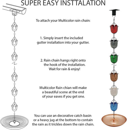 8.5FT Multicolor Rain Chains for Gutter and Rain Barrel, Rust-Resistant Plated Iron Rain Chain, Decorative and Functional Replacement for Downspouts or Gutters, W/Gutter Adapter (2 x 6color Cups)