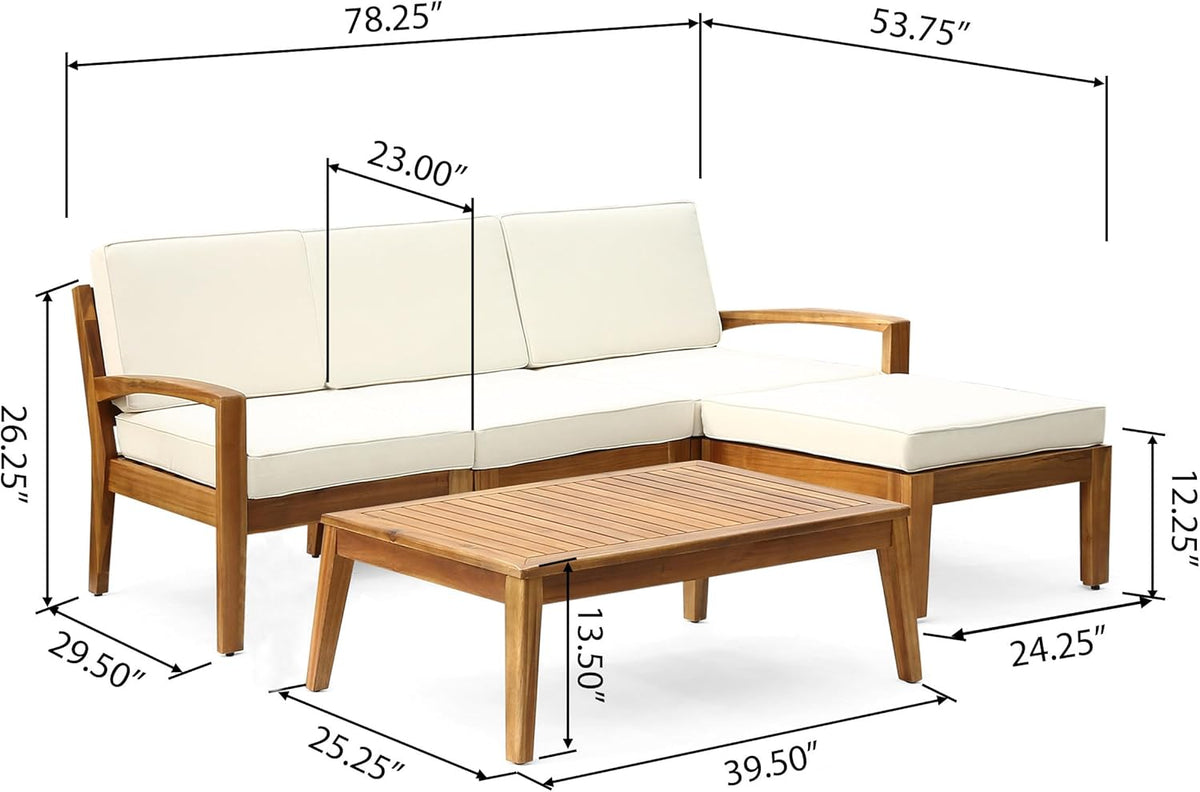 L-Shape Outdoor Furniture Set, 3-Piece Acacia Sectional Patio Sofa Set with 3-Seater Sofa, Coffee Table and Ottoman, Conversation Set for Garden, Poolside, Backyard