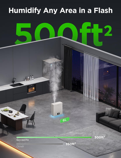 GoveeLife Smart Humidifiers for Bedroom Large Room, Top-Fill Cool Mist 6L WiFi Air Humidifier, Auto Mode, App & Voice Control, 60H Runtime, Rapid Humidification, RGB Nightlight Baby Plants, White